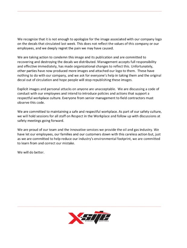 X-Site Energy Services, apology