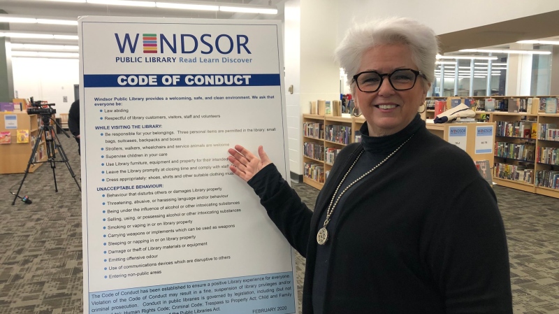Windsor Public Library CEO Kitty Pope displays the new code of conduct at the Central Library in Windsor, Ont., on Monday, March 2, 2020. (Melanie Borrelli / CTV Windsor)