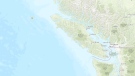 The quake happened at approximately 5:43 a.m. Monday, roughly 179 kilometres west of Port Hardy. (USGS)