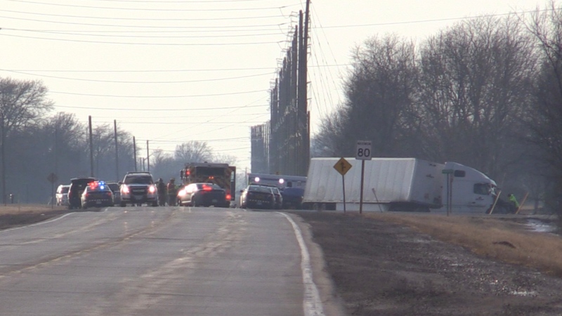 Emergency crews work at the scene of a fatal crash in St. Joachim, Ont. on Monday, March 2, 2020. (Rich Garton / CTV Windsor)