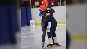 Speed skaters embrace during the 2020 Special Olympics Canada Winter Games in Thunder Bay, Ont. (file)