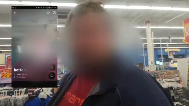 A blurred image taken from YouTube video posted Sunday, March 1, 2020 allegedly shows an 'online predator' at a Walmart location in Woodstock, Ont.
