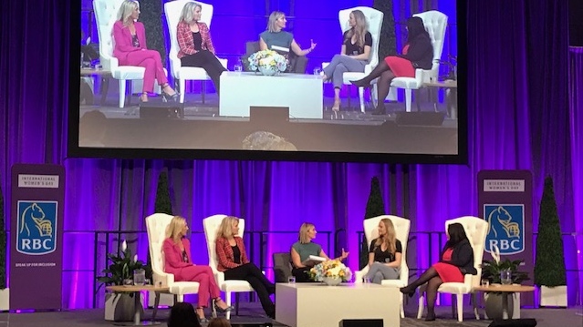 A panel discussion moderated by CTV News London's Julie Atchison, centre, is held at an International Women's Day event in London, Ont. on Wednesday, March 4, 2020. (Sean Irvine / CTV London)