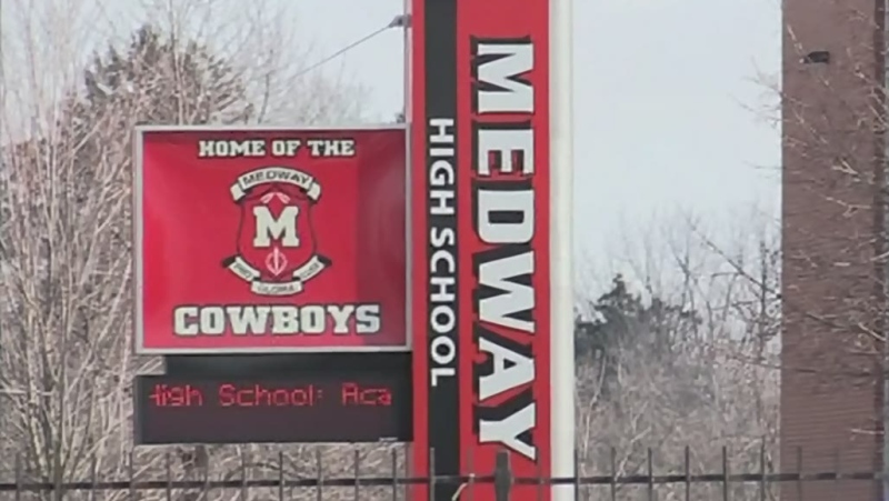 The sign for Medway High School in Arva, Ont. is seen Wednesday, March 4, 2020. (Reta Ismail / CTV London)