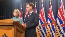 Provincial Health Officer Dr. Bonnie Henry and Health Minister Adrian Dix speak to the media at the B.C. Legislature on Wednesday, March 4, 2020. THE CANADIAN PRESS/Dirk Meissner