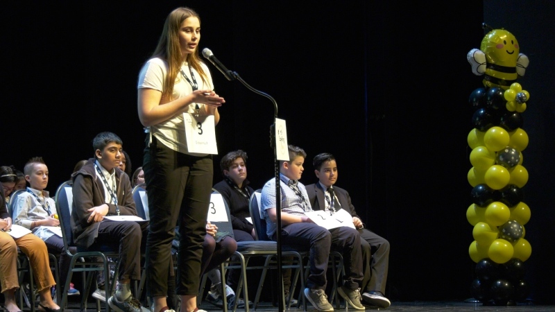 Giovanna Patcas, a student at L.A. Desmarais Catholic Elementary School, competes at the 2020 WFCU Regional Scripps Spelling Bee at the Chrysler Theatre on March 8, 2020. Patcas won the competition in Round 20. (Ricardo Veneza/CTV Windsor)