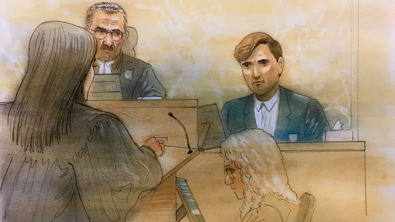 Kalen Schlatter is seen testifying at his murder trial at a Toronto courthouse on March 9, 2020. (John Mantha) 