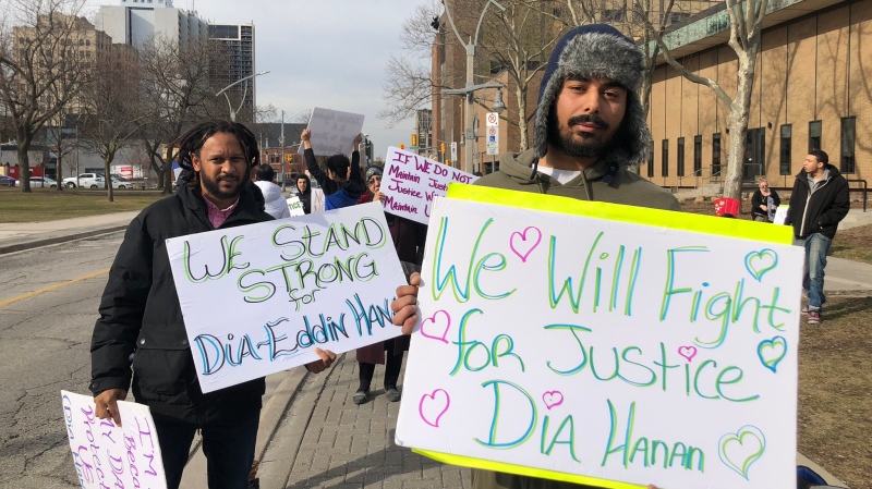 The family of a Windsor man, Dia Hanan, who was recently sentenced to 15 years in prison is protesting outside of court in Windsor, Ont. on Monday, March 9, 2020. (Melanie Borrelli / CTV Windsor)