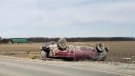 A pickup truck struck a hydro pole in St. Clair Township, Ont. on Thursday, March 5, 2020. (Source: Lambton County OPP)