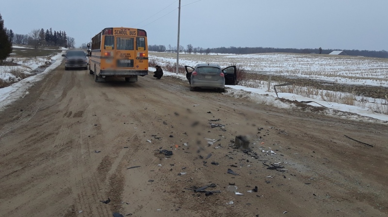 A school bus and car collided on Mon., Mar. 9, 2020, at the intersection of Concession 2 and B-Line in Arran Township. (Central Region OPP/Twitter)