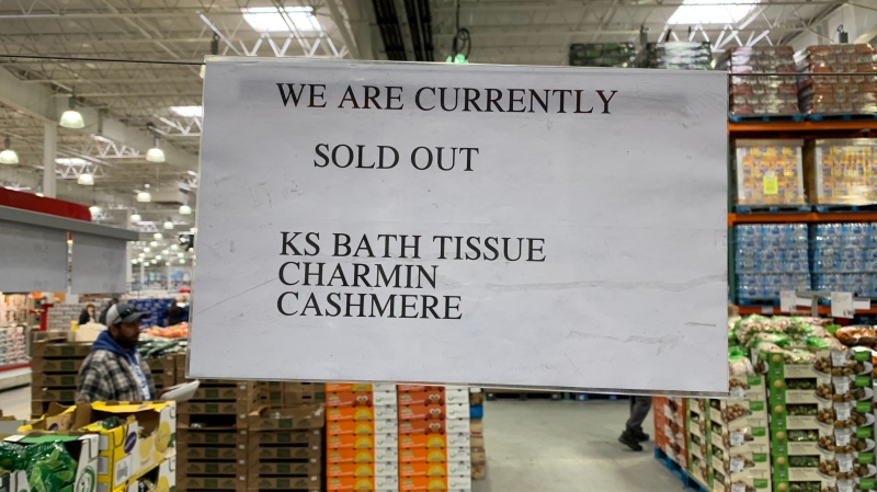 Sign at Sudbury's Costco says three brands of toilet paper has been sold out. Mar. 11/20 (Alex Lamothe/CTV Northern Ontario)
