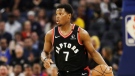 Toronto Raptors guard Kyle Lowry (7) dribbles the ball up the court against the Golden State Warriors during the first half of an NBA basketball game in San Francisco, Thursday, March 5, 2020. (AP Photo/Jeff Chiu) 
