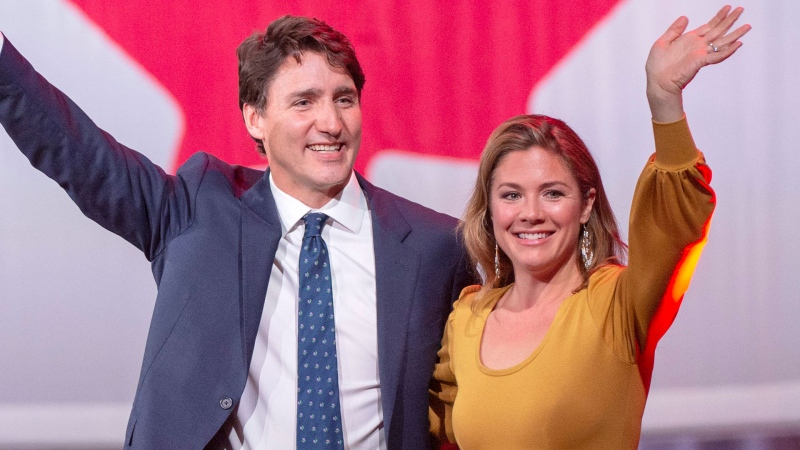 Prime Minister Justin Trudeau celebrates with his wife, Sophie Gregoire Trudeau, after winning a minority government at the election night headquarters Tuesday, October 22, 2019 in Montreal.THE CANADIAN PRESS/Ryan Remiorz