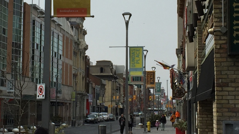 Businesses along Dundas Place in downtown London, Ont. are seen on Wednesday, March 18, 2020. (Bryan Bicknell / CTV London)