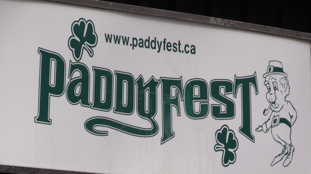 A sign for the Listowel Kinsmen's Paddyfest event is seen in Listowel, Ont. on Wednesday, March 18, 2020. (Scott Miller / CTV London)