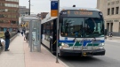 A London Transit Commission bus stops in London, Ont. on Wednesday, March 18, 2020. (Taylor Choma / CTV London)