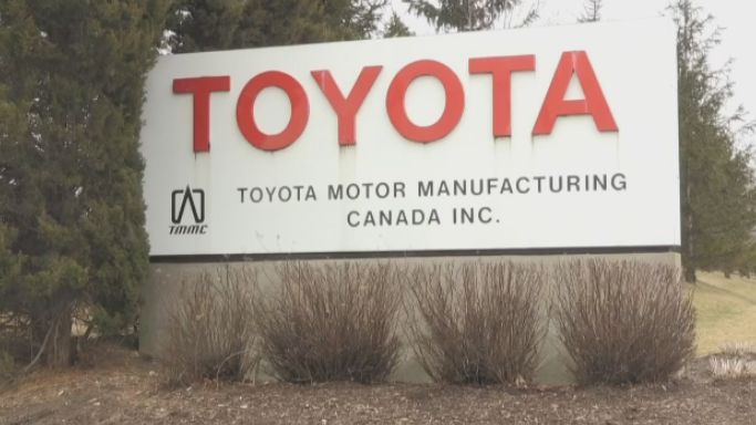 The Toyota sign at its Cambridge plant. (Mar. 19, 2020)