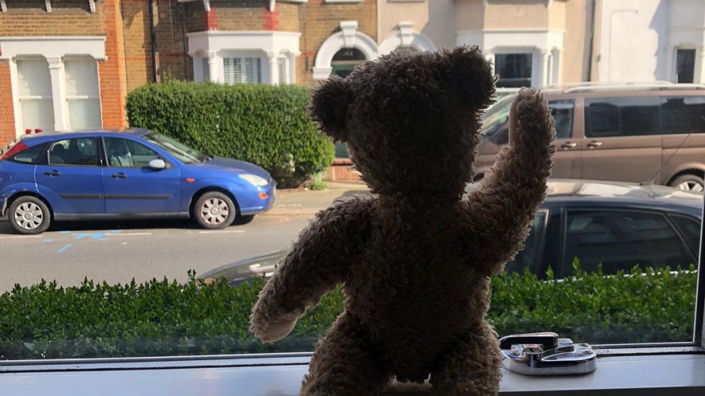Teddy bear placed in window