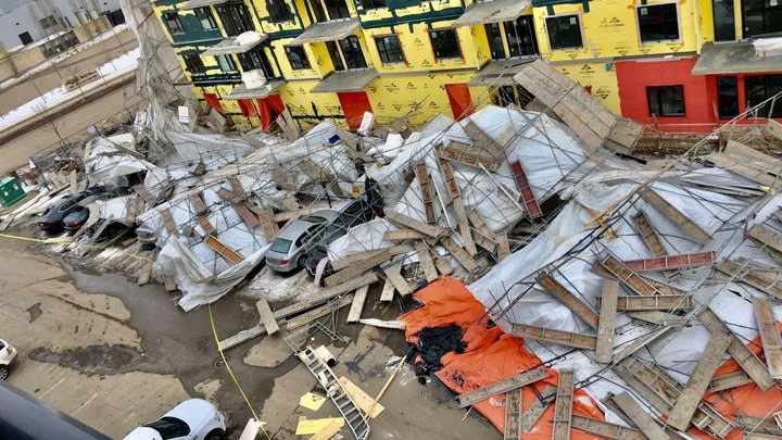 Scaffolding collapsed at an Edmonton worksite Thursday night. Mar. 26, 2020. (Credit: Usman Mohammad)
