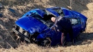 Ottawa Paramedics say three men were able to get themselves out of this car after a crash Thursday, Apr. 2, 2020. (Ottawa Paramedics/Twitter)