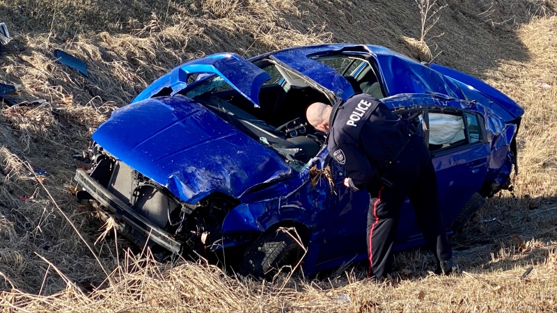 Ottawa Paramedics say three men were able to get themselves out of this car after a crash Thursday, Apr. 2, 2020. (Ottawa Paramedics/Twitter)