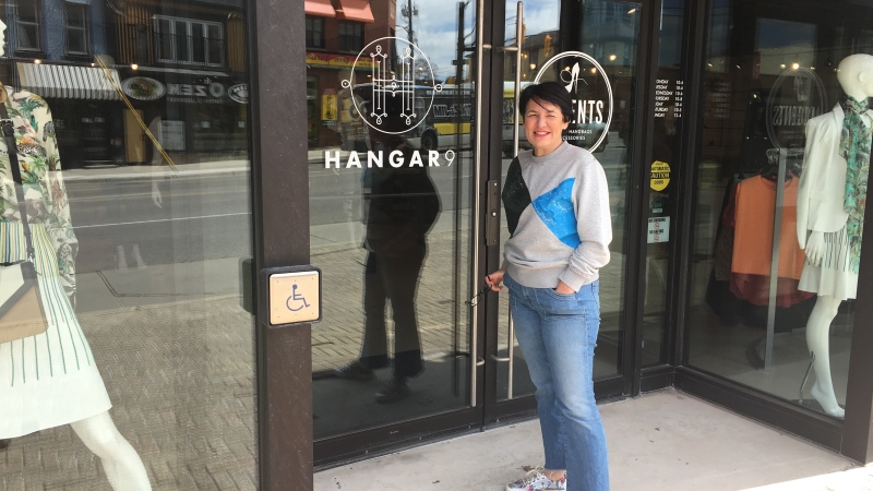 Lisa Ferguson stands outside her business on Richmond Street on Saturday, April 4, 2020. (Brent Lale / CTV London) 