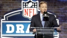 In this April 25, 2019, file photo, NFL Commissioner Roger Goodell speaks ahead of the first round at the NFL football draft in Nashville, Tenn. In a memo sent to the 32 teams Monday, April 6, 2020, and obtained by The Associated Press, NFL Commissioner Roger Goodell outlined procedures for the April 23-25 draft. The guidelines include no group gatherings. (AP Photo/Steve Helber, FIle)