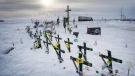 The memorial for the Humboldt Broncos hockey team at the site where sixteen people died and thirteen injured when a truck crashed into the team bus Wednesday, January 30, 2019 in Tisdale, Sask. THE CANADIAN PRESS/Ryan Remiorz