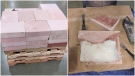 A combination photo from images provided by the CBSA shows bricks the agency says were filled with meth.