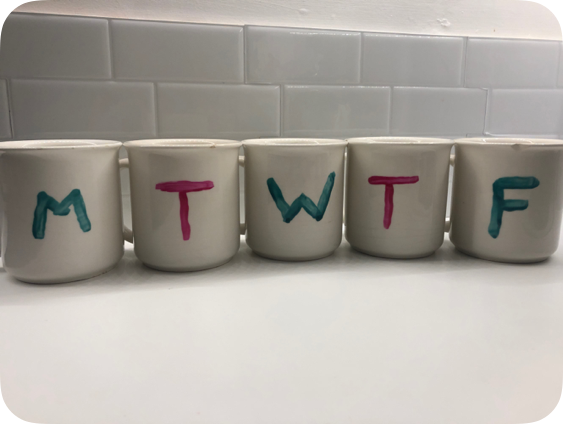 Mugs inscribed with the workdays