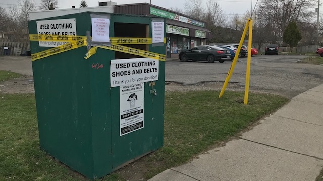 Taped off donation bin in London, Ont.