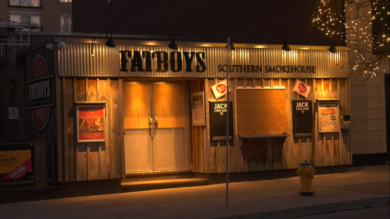 Fatboys Southern Smokehouse in the ByWard Market is boarded up after a break-and-enter on Friday night.