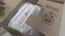 A box of syringes left behind in the Middlesex-London Health Unit's move is seen in London, Ont., Tuesday, April 14, 2020. (Daryl Newcombe / CTV London)