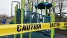 Caution tape surrounds a playground in Windsor, Ont., on Wednesday, April 15, 2020. (Rich Garton / CTV Windsor)
