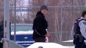 La Loche shooter Randan Fontaine walks into court in La Loche on Feb. 23, 2018. (Dan Shingoose/CTV Saskatoon) 