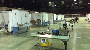Seen here on April 16, 2020: An arena at The Bayshore Community Centre in Owen Sound, Ont. is transformed into a field hospital for COVID-19 patients. (CTV Barrie Roger Klein)