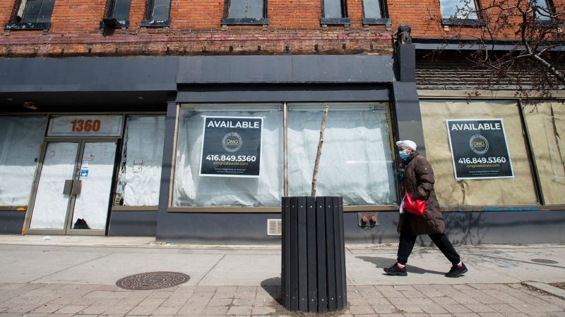 Space available on storefronts is shown on Queen Street in Toronto on Thursday, April 16, 2020. THE CANADIAN PRESS/Nathan Denette