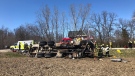 A transport truck flipped after a collision at Vanneck and Ilderton roads in Middlesex Centre, Ont. on Monday, April 20, 2020. (Jordyn Read / CTV London)