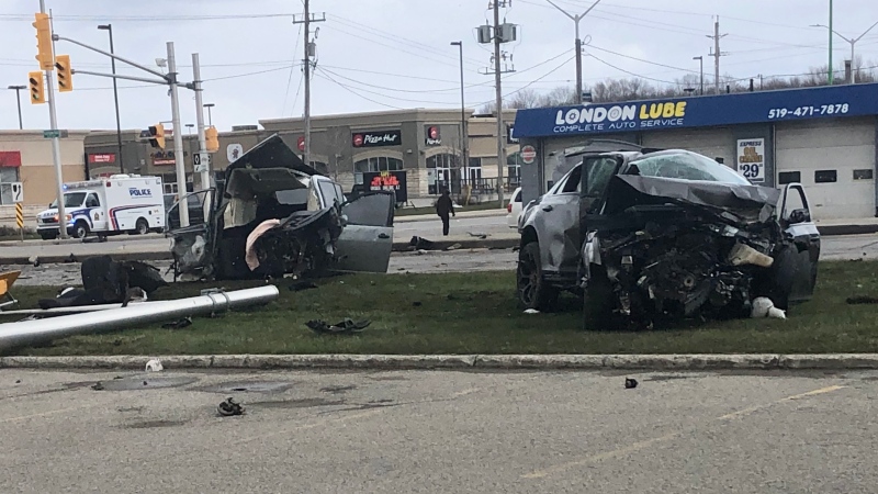 Police are investigating a serious, two-vehicle crash in northwest London, Ont. on Tuesday, April 21, 2020. (Jim Knight / CTV London)