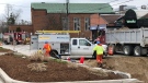 Emergency and repair crews work at the scene of a gas main break in downtown London, Ont. on Thursday, April 23, 2020. (Jim Knight / CTV London)
