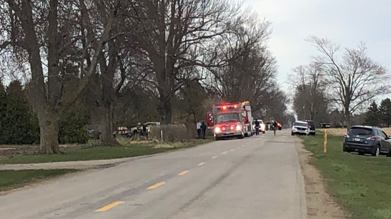 Police investigate a fire on Fifteen Mile Road in Middlesex County on Saturday, April 25, 2020 (Jordyn Read / CTV News)