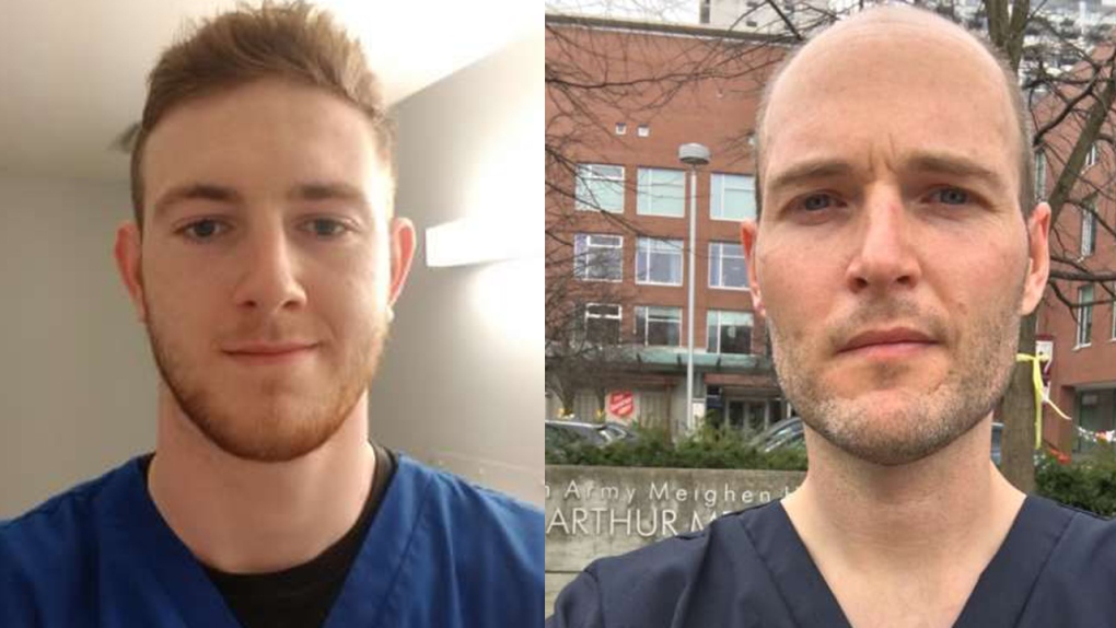 Two University of Guelph students in scrubs