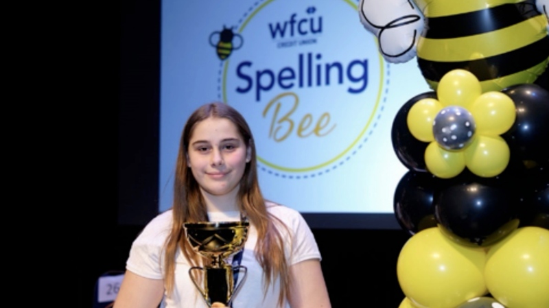 Giovanna Patcas is pictured with her trophy following her win at the 2020 WFCU Scripps Regional Spelling Bee on March 8, 2020. (Source: The WFCU)