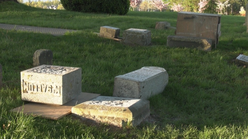 Multiple headstones were damaged at a Surrey cemetery in April, 2020. 