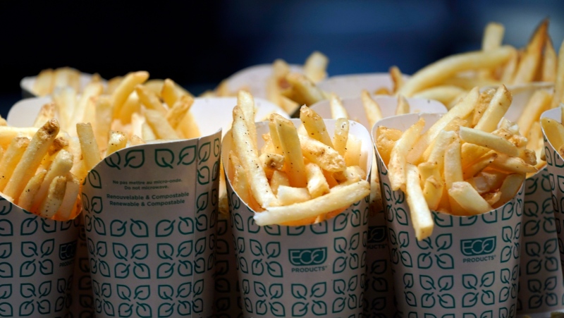 This file photo shows french fries waiting to be served during the NFL Super Bowl 53 football game Tuesday, Jan. 29, 2019, in Atlanta. (AP Photo/David J. Phillip)