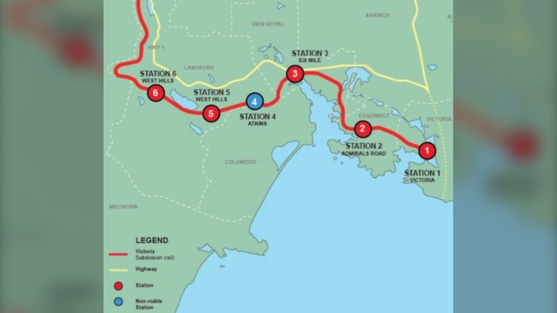 Potential locations for commuter train stations between Victoria and Langford are shown: (Ministry of Transportation and Infrastructure)
