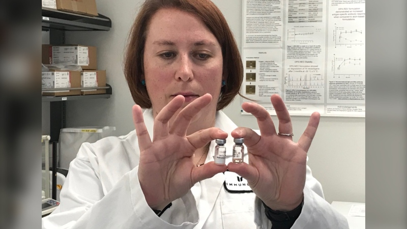 Marianne Stanford, vice-president of research and development at IMV, holds vials filled with components of what could be a vaccine for COVID-19 during CTV News' exclusive look inside the Dartmouth lab.