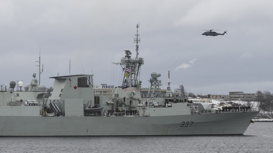 Cyclone helicopter flies over HMCS Fredericton