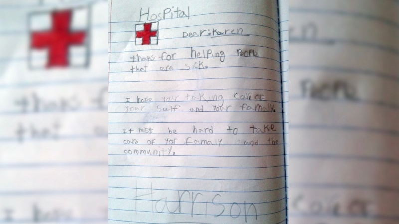 'Thanks for helping people that are sick,' reads a letter from Harrison, a student at West Oaks French Immersion Public School in London, Ont. seen on Wednesday, April 29, 2020. (Jordyn Read / CTV London)