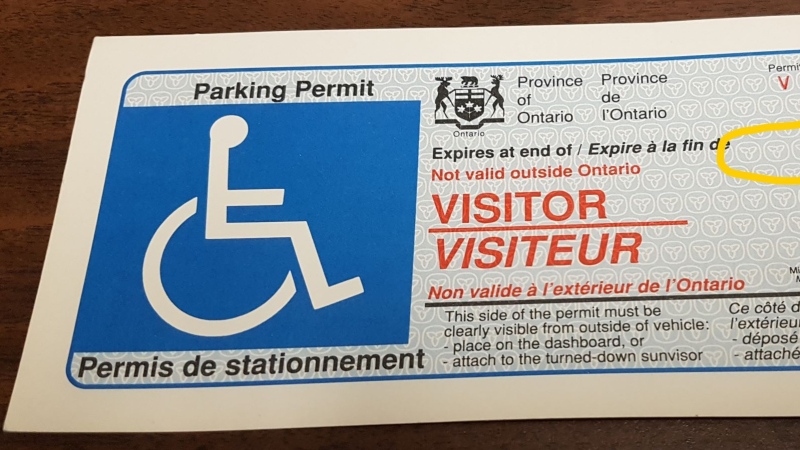 Handicap parking permit reported stolen from the Essex County Service Ontario branch. (Courtesy OPP)